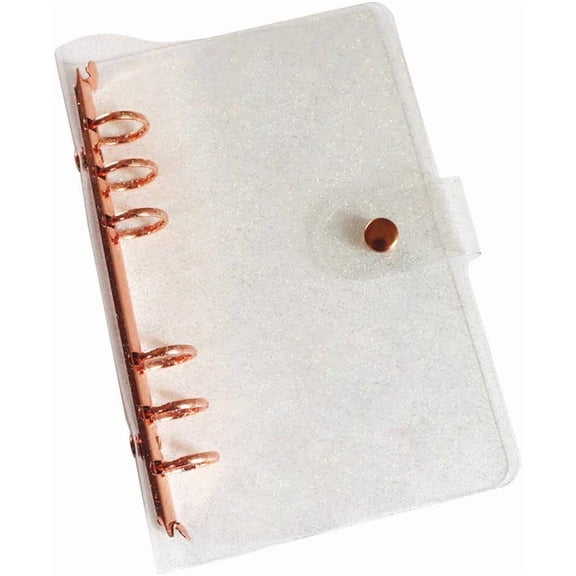 Personal A6 Glitter PVC Binder Cover Clear Soft PVC Notebook Shell 6 Rose Round Ring Binders with Snap Button Closure Loose Leaf Folders (Personal A6, Glitter Cover + Rose Binder)