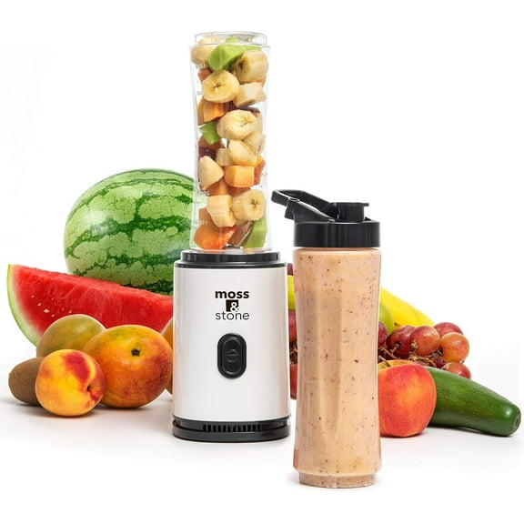 Moss & Stone Personal Blender Single Serve Shake & Smoothies Maker with Portable Travel Sport Bottle - Mini Juicer, White & Black Single Serve Blender for Smoothies and Shakes - Bottle 20 oz