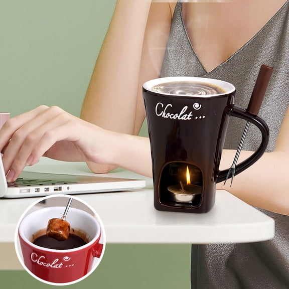 Personal Chocolate Fondue Mugs with Forks, Ceramic Chocolate Fondue Mug, Chocolate Melting Mug, Ceramic Chocolate Melting Cup, Butter Warmer Sets, Multi-Purpose Fondue Coffee Cup