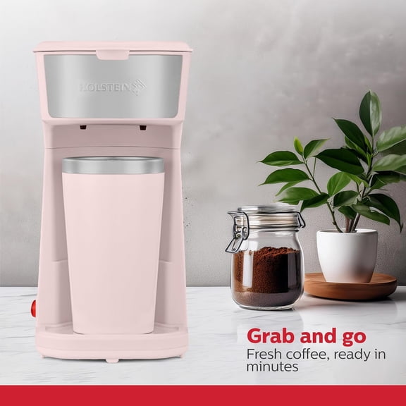 Personal Coffee Maker with 14oz Travel Mug – Compact One-Touch Brew Machine with Reusable Filter, Auto Shut-Off, Non-Stick Plate, Ideal for Home, Office, or Dorm. Pink