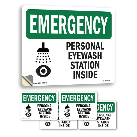 Personal Eyewash Station Inside With Symbol OSHA Emergency Vinyl Decal Label 5 Inch x 3.5 Inch - 5 Pack