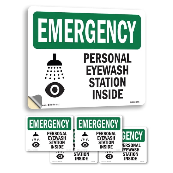 Personal Eyewash Station Inside With Symbol OSHA Emergency Vinyl Decal Label 7 Inch x 5 Inch - 5 Pack