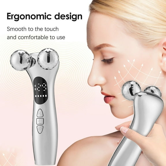 Personal Facial Sculpting Wand, 3-in-1 Beauty Device with 4D Massage Rollers and EMS to Complement Serums and Creams for a Radiant Glow,Silver