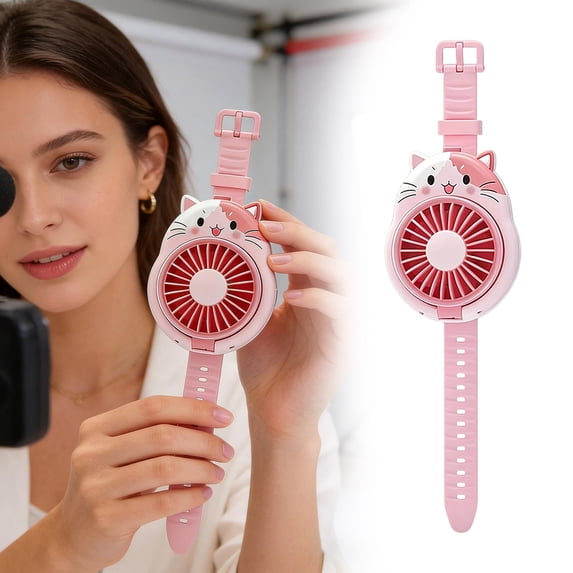 Personal Fan with Wrist Strap, Cute Cat Shaped Wrist Fan, USB Rechargeable Wearable Watch Fan, 3 Speed Adjustable Portable Mini Fan with Foldable Head for Outdoor Travel and Daily Use, Pink
