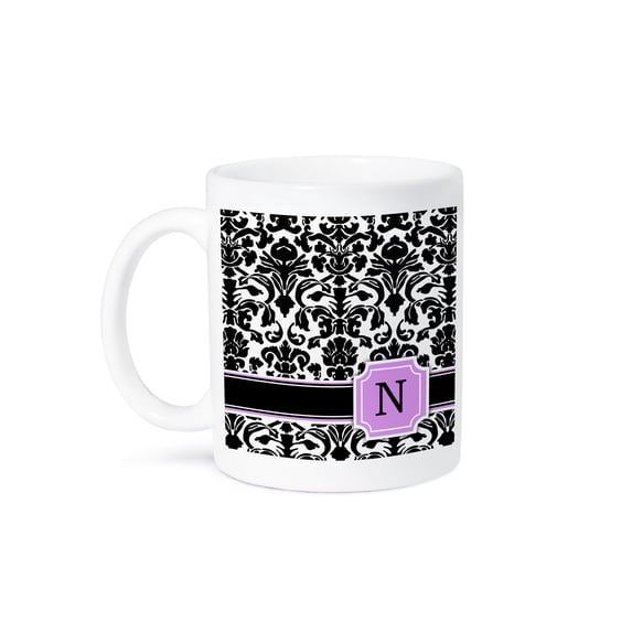 3dRose, Personal initial N monogrammed pink black and white damask pattern girly stylish personalized letter, 15oz Mug