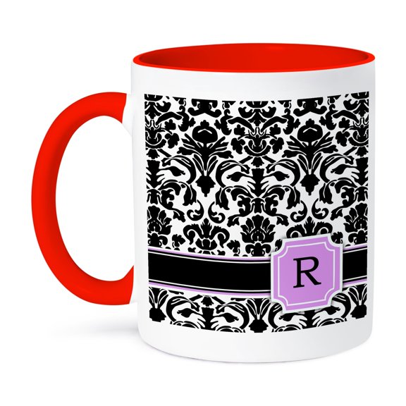 3dRose, Personal initial R monogrammed pink black and white damask pattern girly stylish personalized letter, 11oz Two-Tone Red Mug
