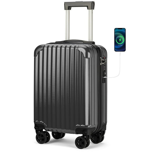Personal Item Suitcase 18x14x8 Inches Hardside Built In TSA Lock & USB Port Lightweight Luggage With Removable Silent Wheels Underseat Carry-On Bag For Spirit and Frontier and More (Black)