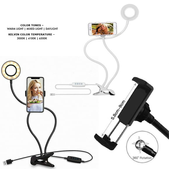 Personal Live Stream Ring Light Kit | 3.5” LED, Table Clamp And Phone Holder - Black