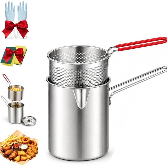 Personal Mini Deep Fryer Set, 304 Stainless Steel Pot with Lift-Out Draining Basket & Food Tongs, Multifuntional Large Portable Oil Filter Pot with Handle For Fries, Chicken, Home Cooking