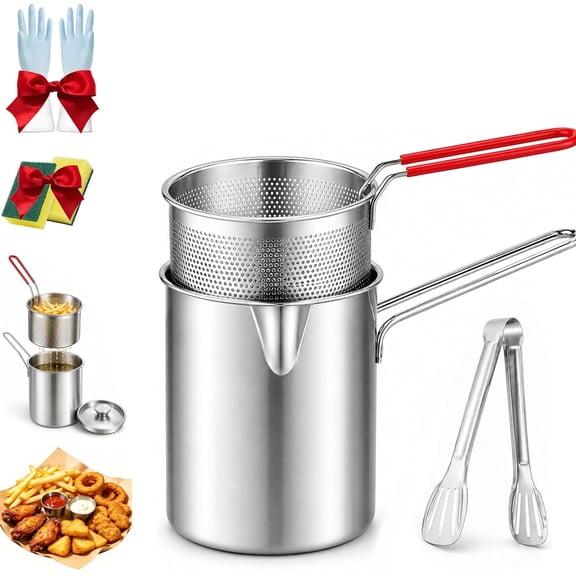 Personal Mini Deep Fryer Set, 304 Stainless Steel Pot with Lift-Out Draining Basket & Food Tongs, Multifuntional Large Portable Oil Filter Pot with Handle For Fries, Chicken, Home Cooking
