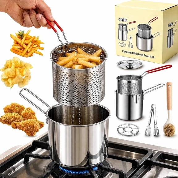 Personal Mini Deep Fryer Set, Mini Stainless Steel Deep Fryer Pot with Frying Basket, Handle,anti-slip stove, Lid & Tongs for Fish, Shrimp, Chicken