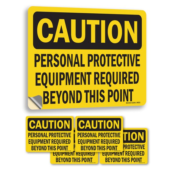 Personal Protective Equipment Required Beyond This Point OSHA Caution Vinyl Decal Label 5 Inch x 3.5 Inch - 5 Pack