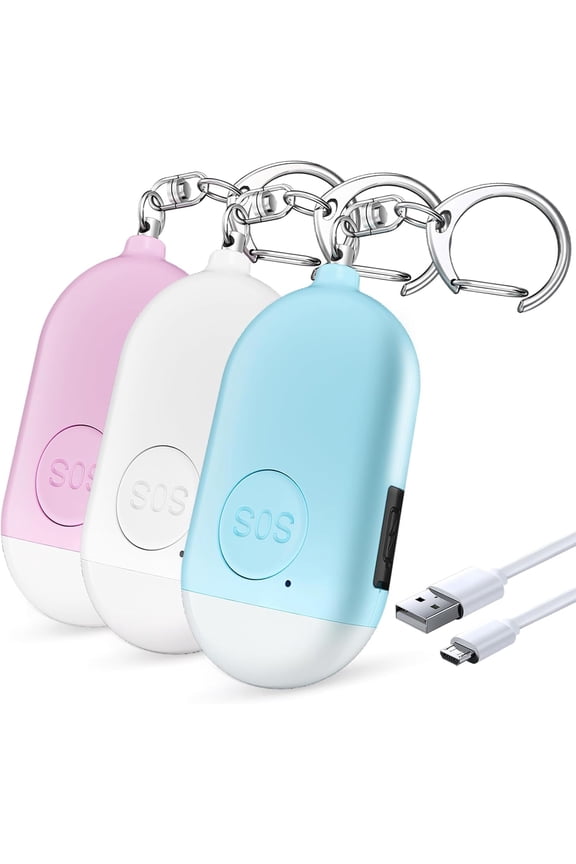 Personal Safety Alarm - 3-Pack - Recharable - Strobe LED Flashlight - SOS Emerncy Loud Siren - Self-Defense Keychain - for Women, Students, Children, Seniors (White, Pink, Blue)