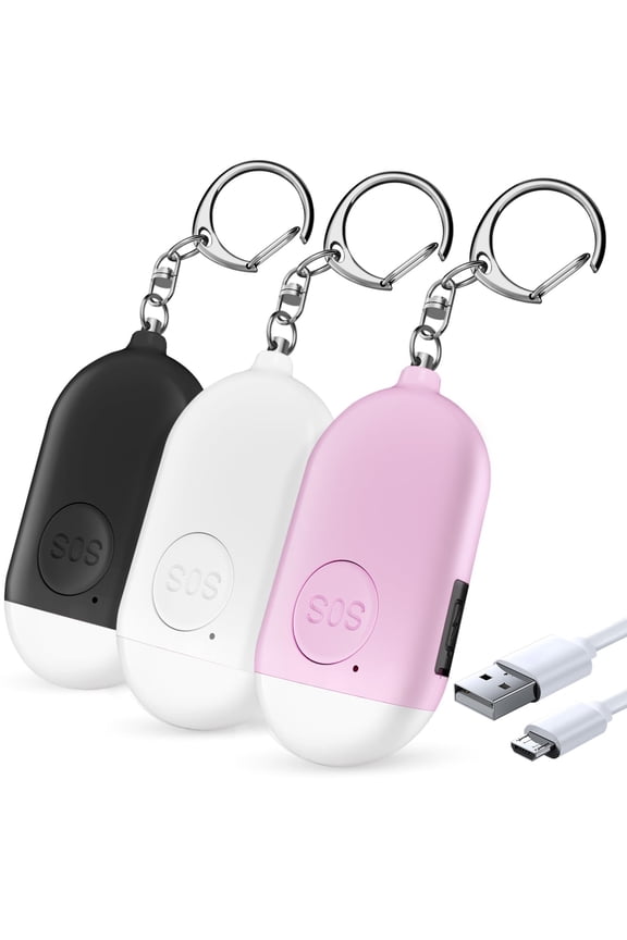 Personal Safety Alarm - 3-Pack - Rechargeable - Strobe LED Flashlight - SOS Emergency Loud Siren - Self-Defense Keychain - for Women, Students, Children, Seniors (White, Pink, Blue)