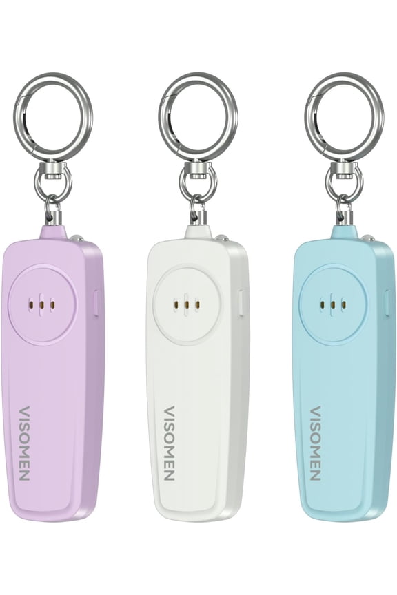 Personal Safety Alarm Keychain for Women,3-Pack,Loud Siren with Flashing LED Light,Portable Emergency Security Device,Gifts for Kids,Presents for Elderly,Night Running,Purple White Blue