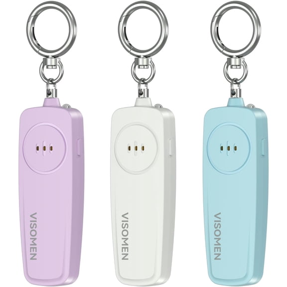 Personal Safety Alarm Keychain for Women,3-Pack,Loud Siren with Flashing LED Light,Portable Emerncy Security Device,Gifts for Kids,Presents for Elderly,Night Running,Purple White Blue