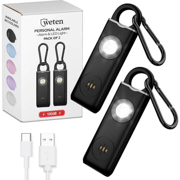 Personal Safety Alarm for Women 130dB Loud Panic Siren Keychain - Rape Whistle Alternative LED Light, Carabiner Clip, Low Battery Alert, USB-C Charging Self Defense Alarm (2 Pack Black)