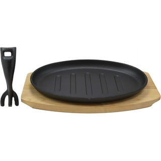 VIKKSAER 10.2 Cast Iron Steak Plate, Sizzling Plate with Wooden Base & Hot  Plate Gripper, Steak Pan Grill Fajita Server Plate for Restaurant Home