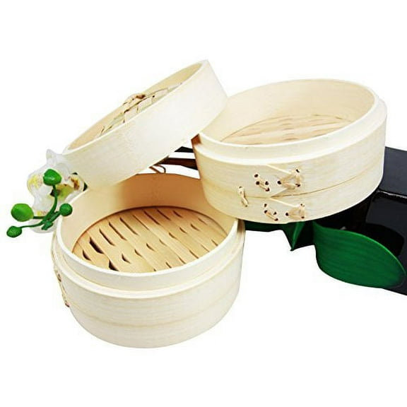 Personal Size Dimsum High Tea 6" Diameter Bamboo Steamer - Stackable Two Baskets With One Lid