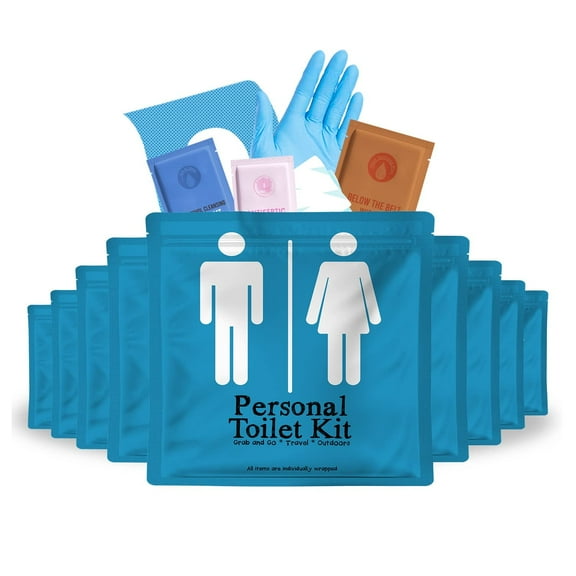 Personal Toilet Kit To Go  10 Pack | Disposable Public Restroom Kit | Individually Wrapped for Toilet Protection Kit | Toilet Paper, Toilet Seat Cover, Butt Wipes, Cleansing Wipes (Light Blue)
