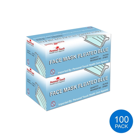 Personal Touch Blue Disposable Earloop Face Mask Pleated Pack of (100 Pcs)