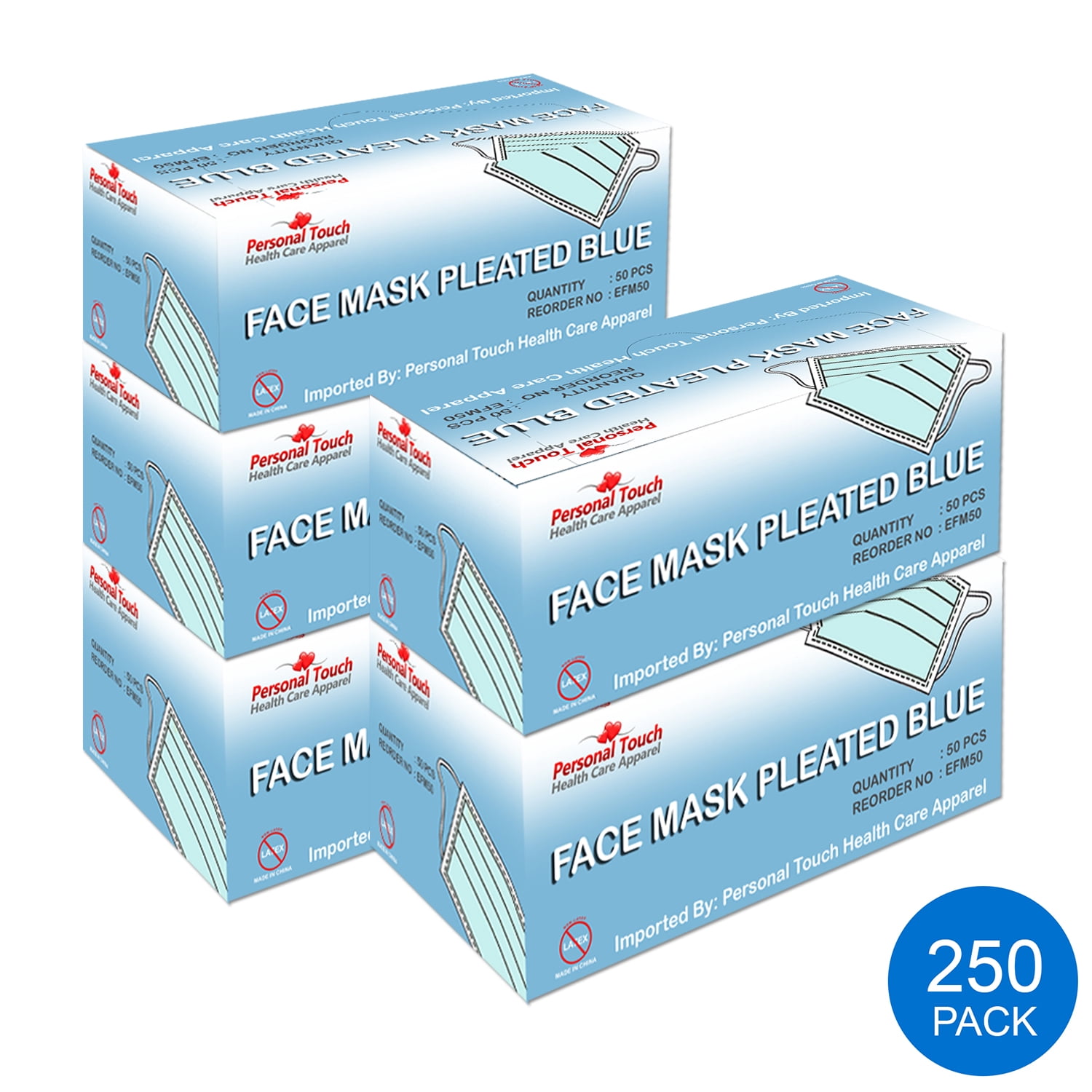 Personal Touch Blue Disposable Earloop Face Mask Pleated Pack of (250 Pcs)
