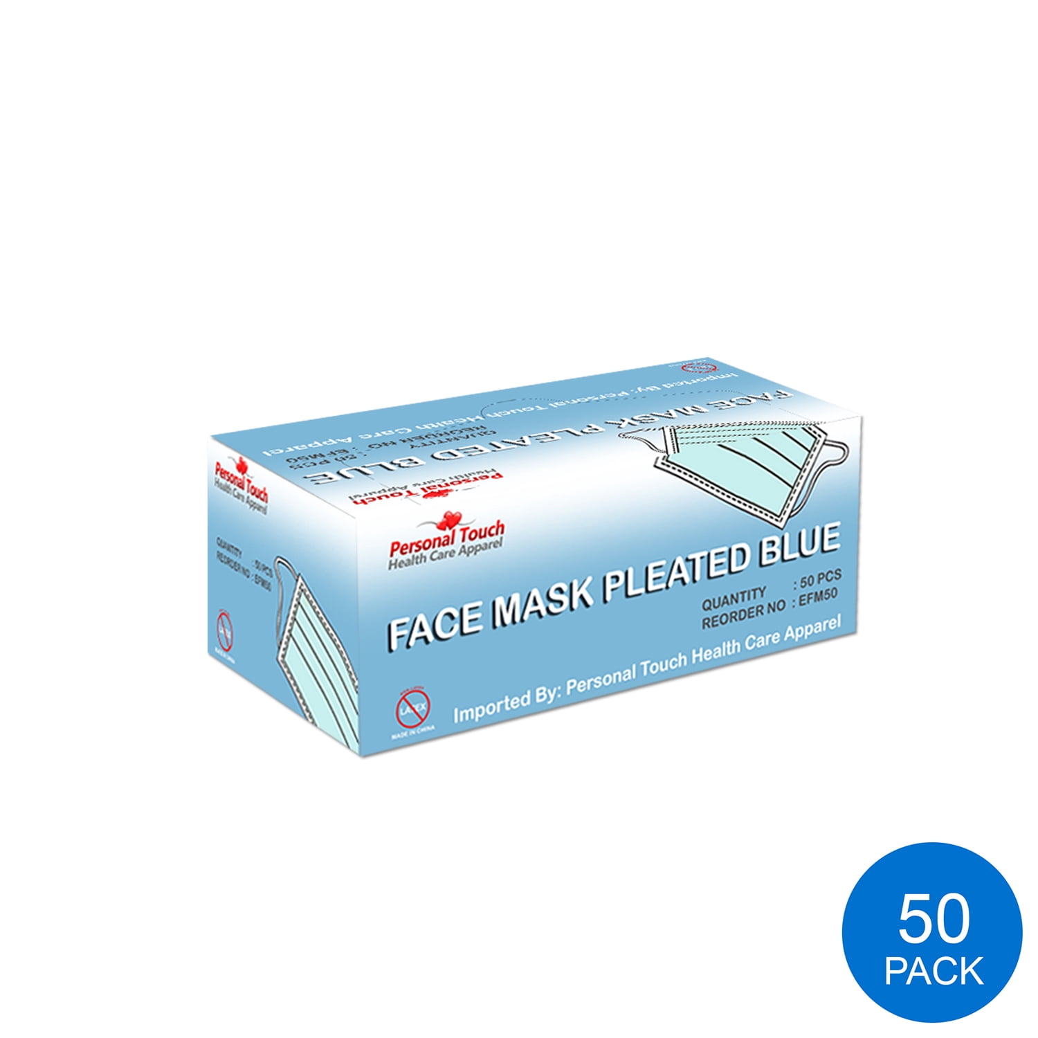 Personal Touch Blue Disposable Earloop Face Mask Pleated Pack of (50 ...