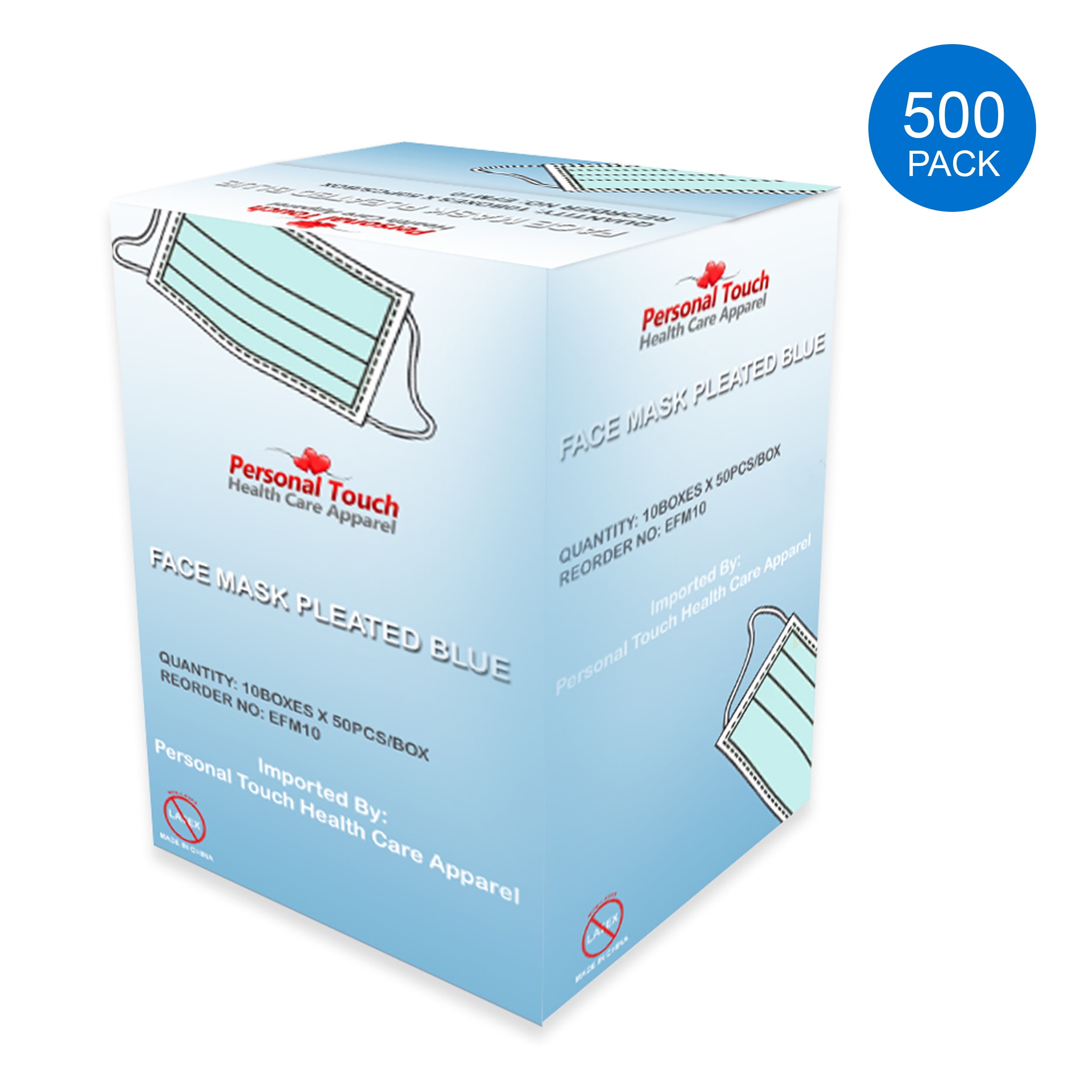 Personal Touch Blue Disposable Earloop Face Mask Pleated Pack of (500 Pcs)