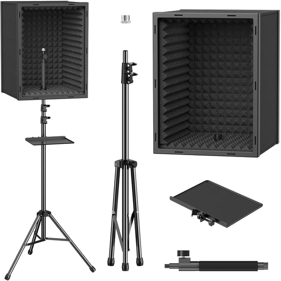 Personal Vocal Booth, Microphone Isolation Shield for Studio, Framed Acoustic Foam Box, Sound Absorbing, for Professional Recording, Podcast, Singing, Adjustable Height, Max 190 cm/53.1inch