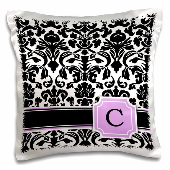 3dRose, Personal initial C monogrammed pink black and white damask pattern girly stylish personalized letter, 16x16 inch Pillow Case