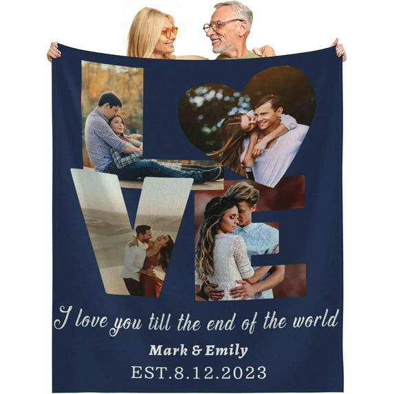 Personalised Anniversary Blanket with Name Gift Blanket for Valentine's Day, Birthday, Wedding Photo Blanket for Couples (1 Photo/Date)