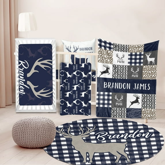 Personalised Baby Crib Bedding Set 5 Pcs, Woodland Deer Design Customised Name Nursery Bed Sets, Soft Chic Blanket, Sheet, Pillowcase, Pad Cover, Rug for Newborns Boys Girls Gifts