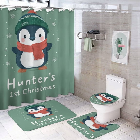 Personalised Baby Penguin 1st Christmas 4 Piece Shower Curtain Sets with Rugs Include Waterproof Shower Curtain Non-Slip Rug Toilet Lid Cover Bath Mat Personalized Gifts Bathroom Decor Shower