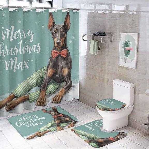 Personalised Big Dog Doberman 4 Piece Bathroom Rug Set with Shower Curtain with Non-Slip Rugs Toilet Lid Cover And Bath Mat Name & Date - Customized Durable And Waterproof for Bathroom Decor