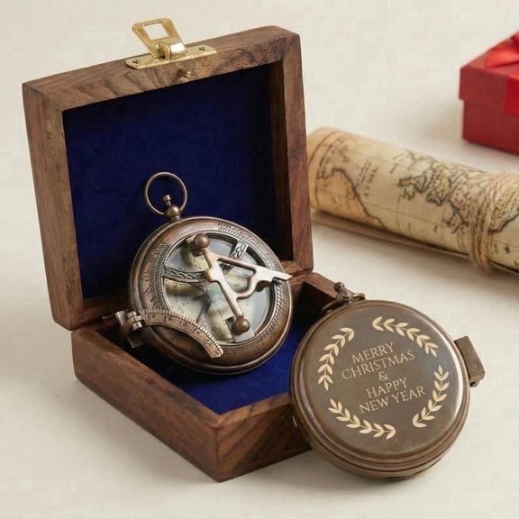 Personalised Brass Sundial Compass | Push Button Pocket Sundial Compass with Engraved Lid With Engraved and Leather Case