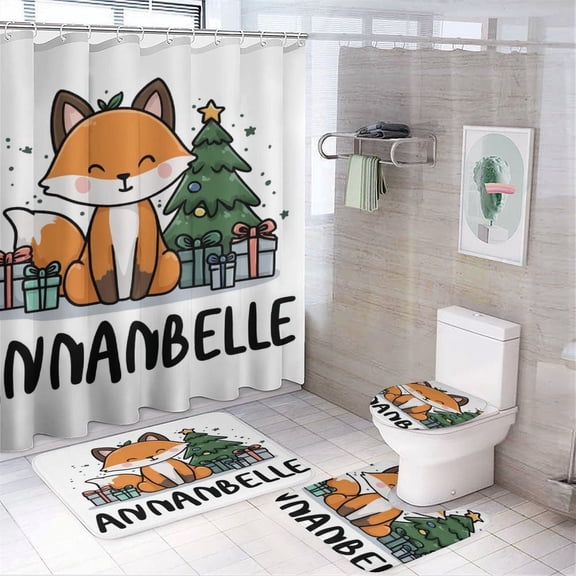 Personalised Christmas Fox 4 Piece Bathroom Shower Curtain Sets Shower Curtain And Rugs Shower Curtain Set Personalized Gifts Waterproof Shower Curtain for Bathtub Decor