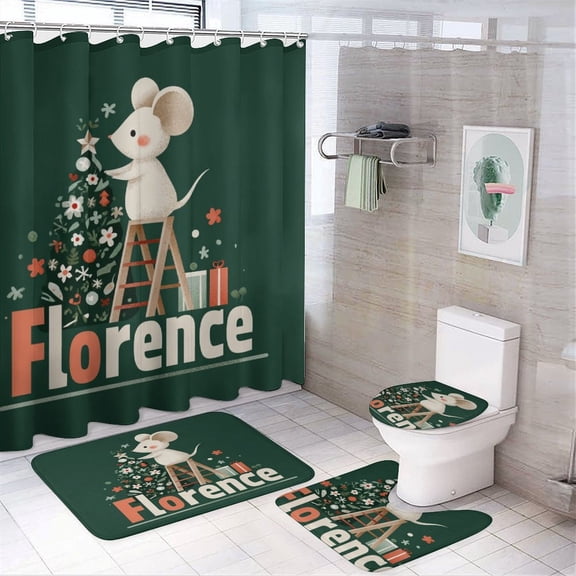 Personalised Christmas Mouse Shower Curtain Sets 4 Piece Shower Curtain And Rugs Shower Curtain Set Custom Baby Boy First Christmas Waterproof Personality Pattern Bath Curtain for Bathtub Decor