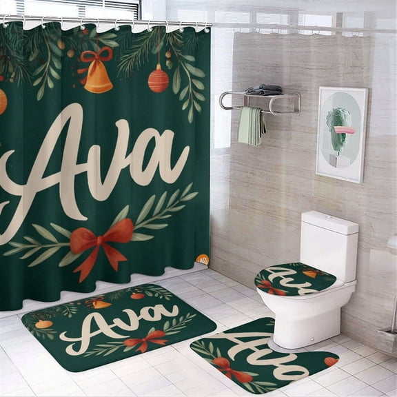 Personalised Christmas Tree Baubles 4 Piece Shower Curtain Sets Non-Slip Rugs And Toilet Mat Lid Rug Accessories Custom Name Waterproof Durable Bathroom Decor Shower for Bathroom Decor Set