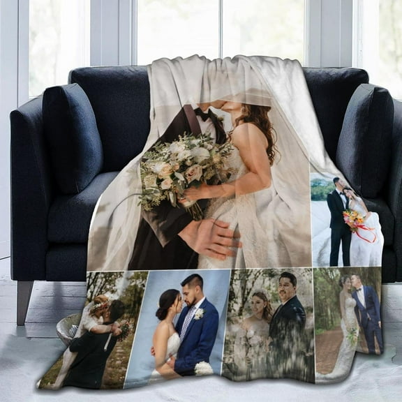 Personalised Collage Blanket with Picture Text Photo for Wedding, Customised Throw Blankets for Couples Lovers Family Adults Kids Boyfriend Girlfriend, 8 Photos, 100x125cm