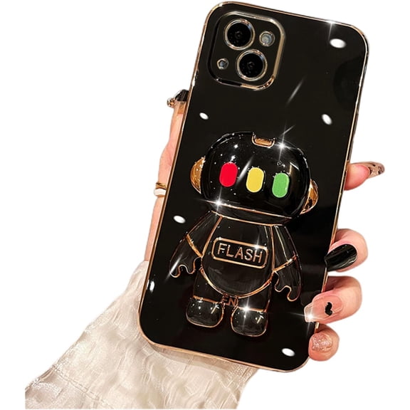 Personalised Creative Light-up Astronaut Stand TPU Phone case for iPhone 14 13 12 11 8 7 6 S X XS XR Plus Pro Max Mini Protective Cover Cool Sparkly Anti-Scratch Bumper(Black,11 Pro max)