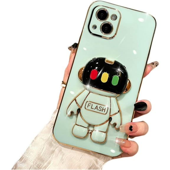 Personalised Creative Light-up Astronaut Stand TPU Phone case for iPhone 14 13 12 11 8 7 6 S X XS XR Plus Pro Max Mini Protective Cover Cool Sparkly Anti-Scratch Bumper(Green,7/8 Plus)