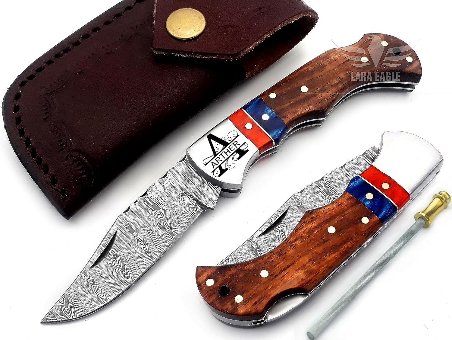 Personalised Damascus Pocket Knife for Men - 133 Layer Solid Steel Handmade Folding Hunting Knives with Sharpner and Leather Pouch - Best Knife for Camping Hunting Hiking