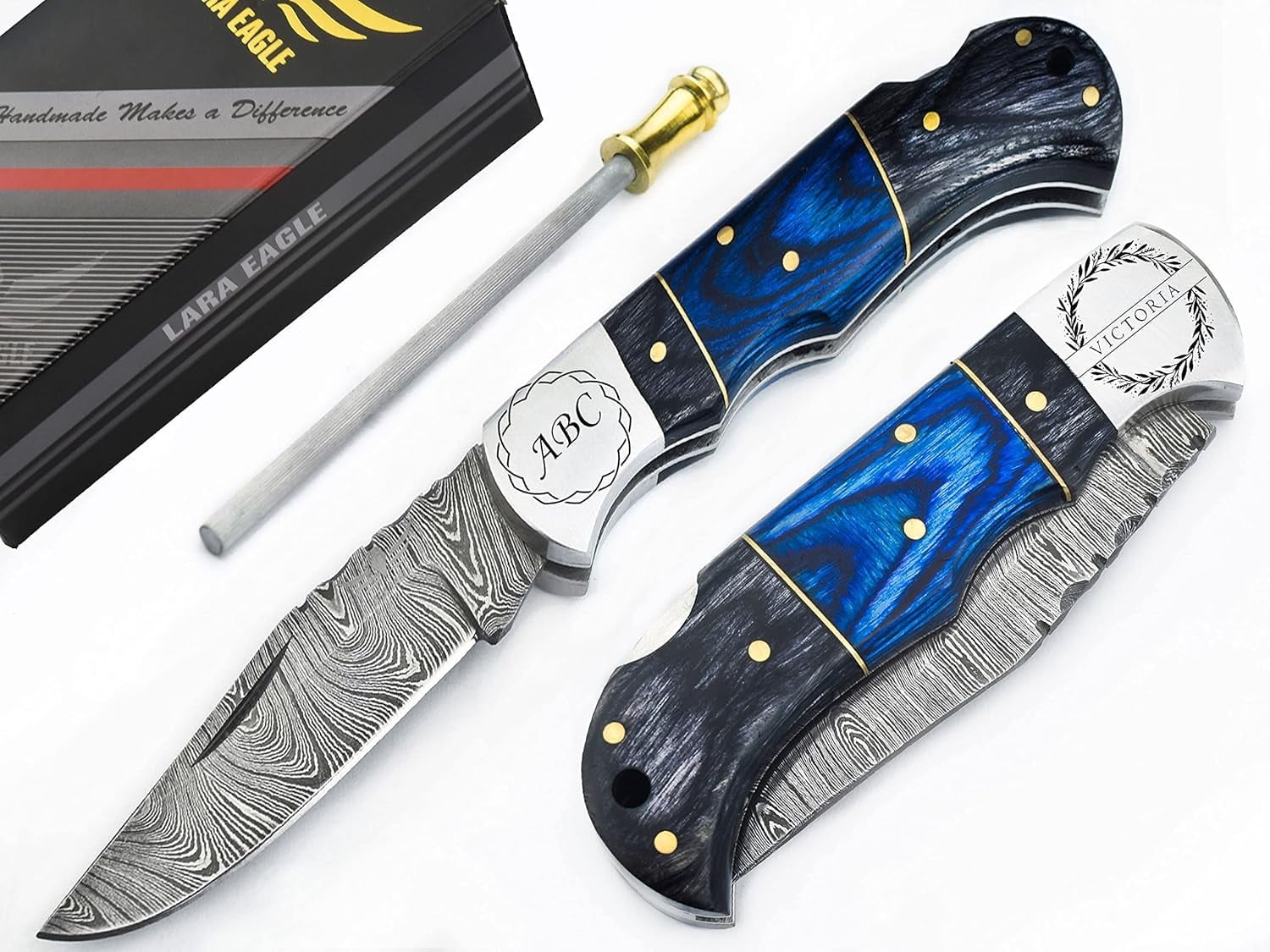 Personalised Damascus Pocket Knife for Men - Multi Layer Solid Steel Handmade Folding Hunting Knives with Sharpner and Leather Pouch - Best Knife for Camping Hunting Hiking