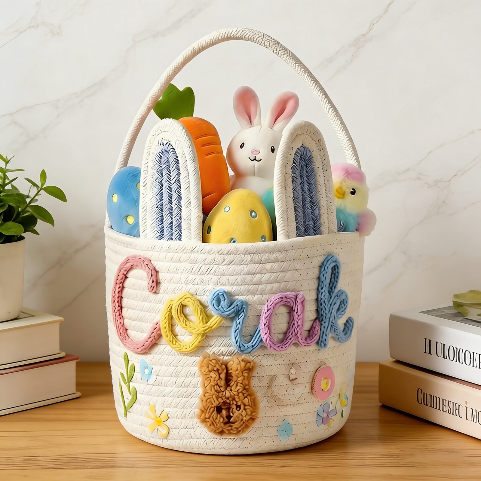 Personalised Easter Basket, Easter Basket 3D Cord Embroidery Technology, Easter Nest for Filling for Boys and Girls, Not Include Dolls (Rabbit Design)