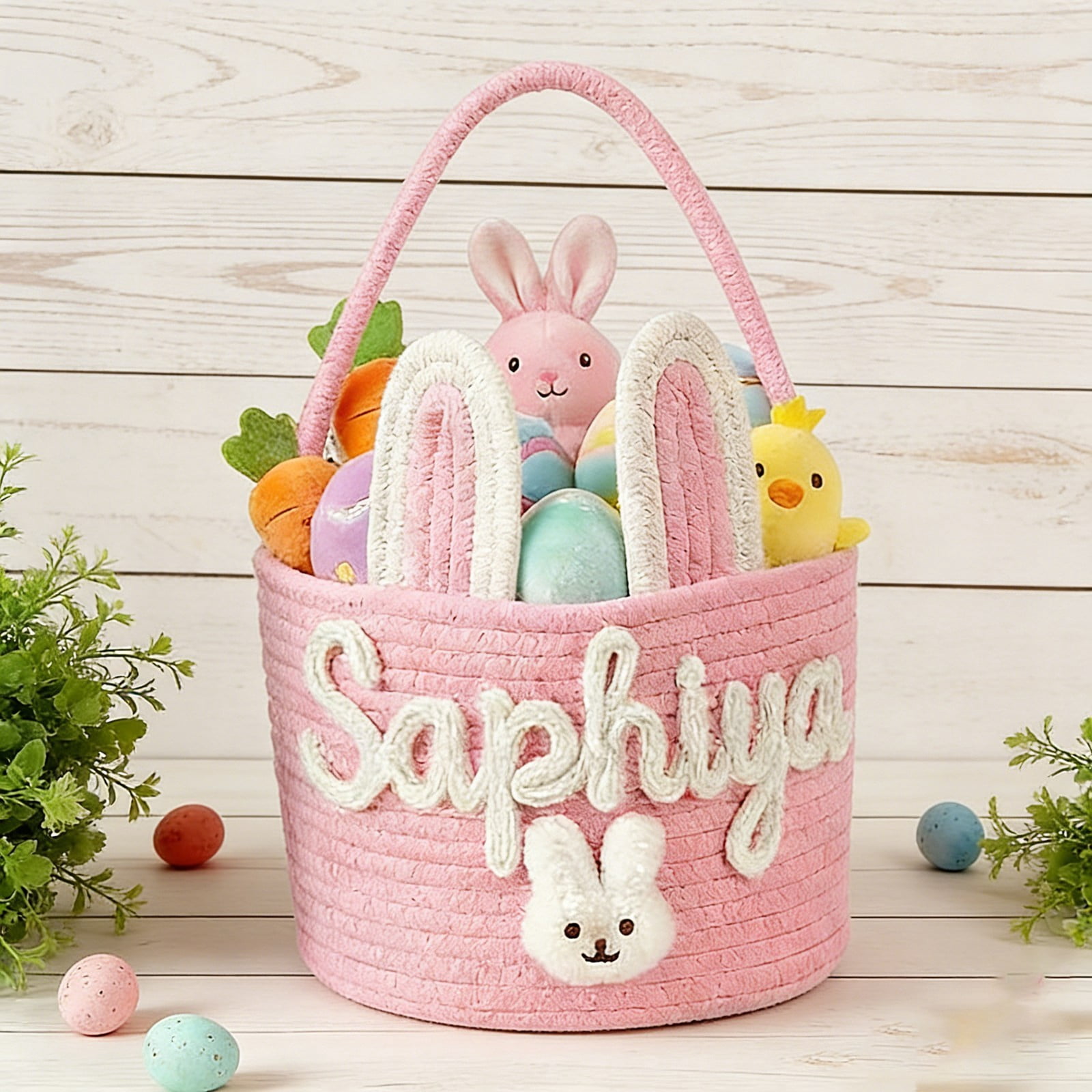 Personalised Easter Basket, Easter Basket 3D Cord Embroidery Technology, Easter Nest for Filling for Boys and Girls, Not Include Dolls (Rabbit Design)