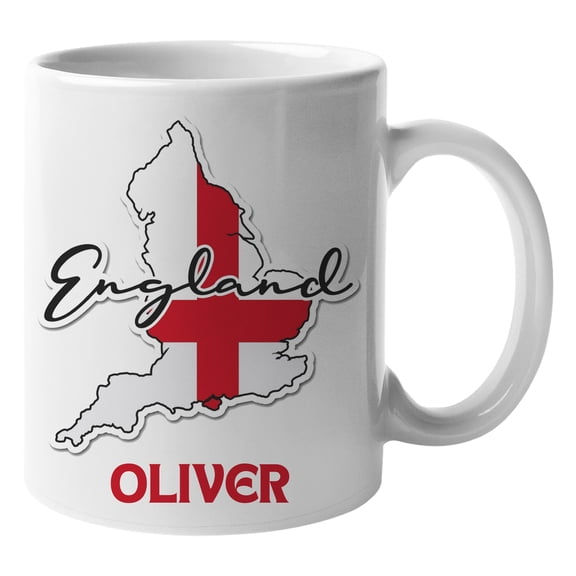 Personalised England Map Mug 11oz - Custom Name St Georges Cross Flag Design - Patriotic English Pride Coffee Cup - White Ceramic Tea Mug - England Map Silhouette Gift for Men & Women