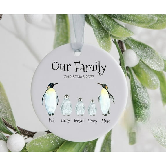 Personalised Family Christmas Ornament, Penguin Family, Our Family Christmas Decoration, Ceramic Bauble, Tree Decor, Family Christmas Gift