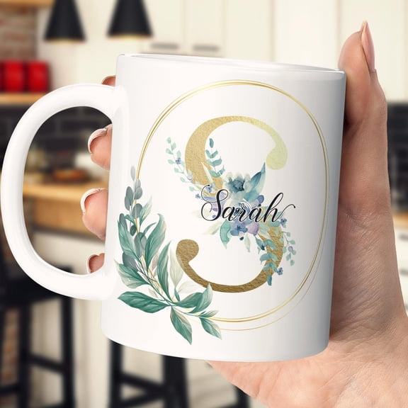 Personalised Floral Initial Mug Custom Name Coffee Cup with Gold Monogram Bridesmaid Propo