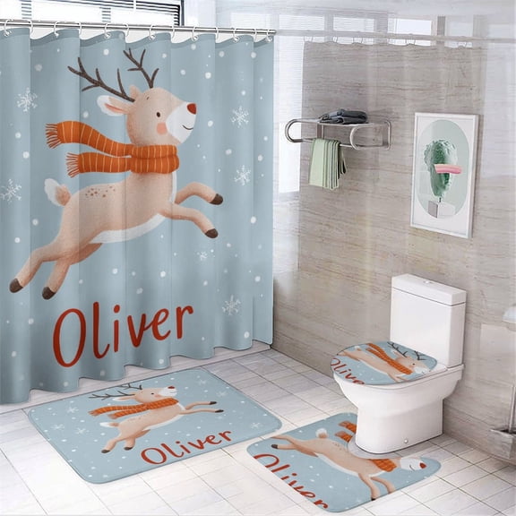 Personalised Flying Reindeer 4 Pcs Shower Curtain Sets Bath Mat U-Shaped Floor Mat Toilet Lid Oval Rug Custom Name Waterproof Shower Curtain for Bathroom Decor