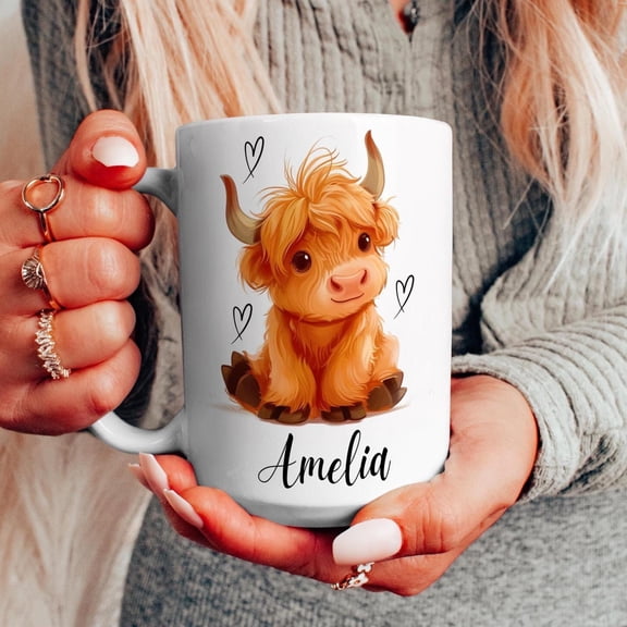 Personalised Highland Cow Mug, Cozy Custom Name Coffee Cup, Cute Christmas Gift for Best Friend